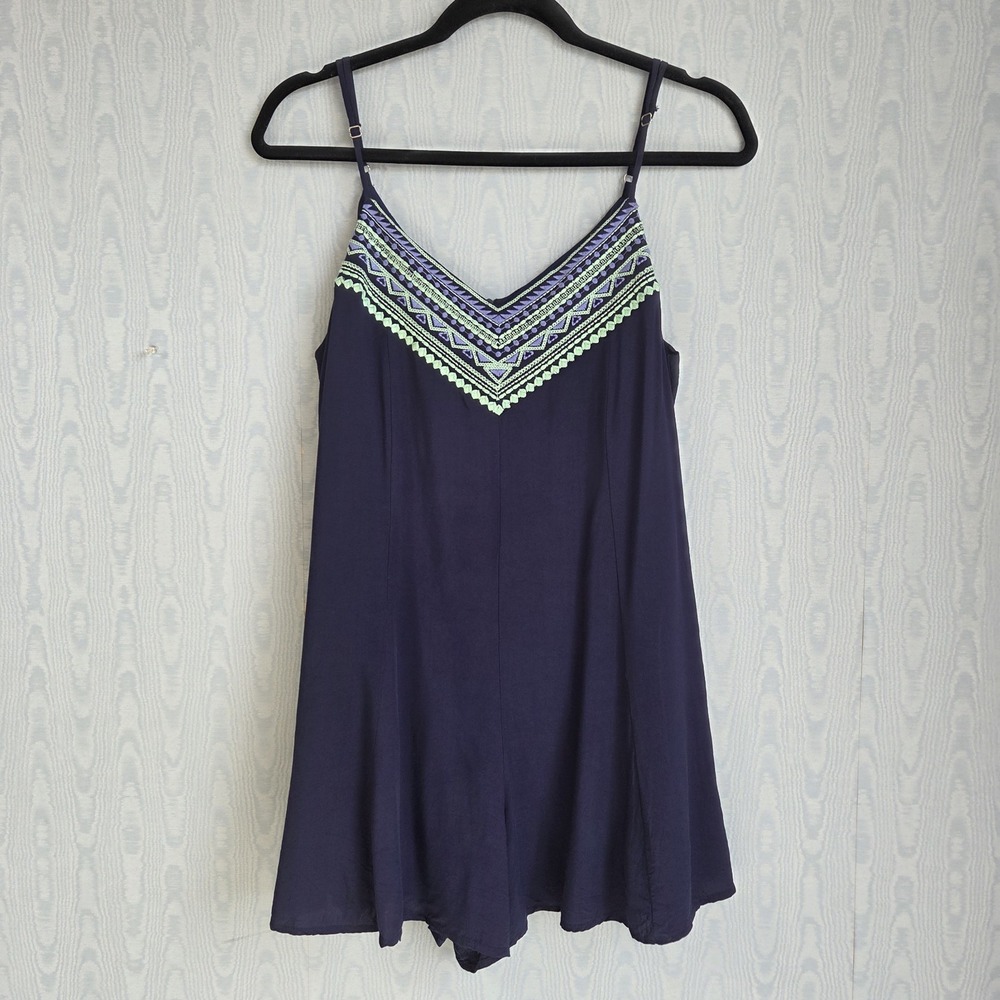Entro Womens S Romper Navy Sleeveless Embroidered Zipper‎ Boho Summer Beach